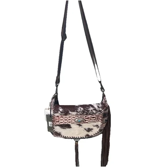 Myra Women's Fabulous Western Cowhide Leather Cross Body Handbag Fringe NWT - Picture 2 of 5